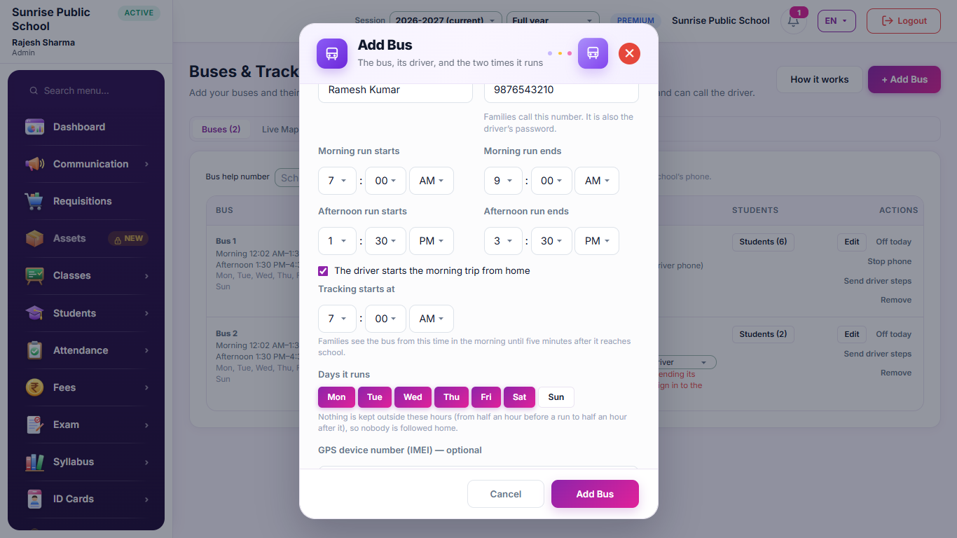 The Add Bus form
